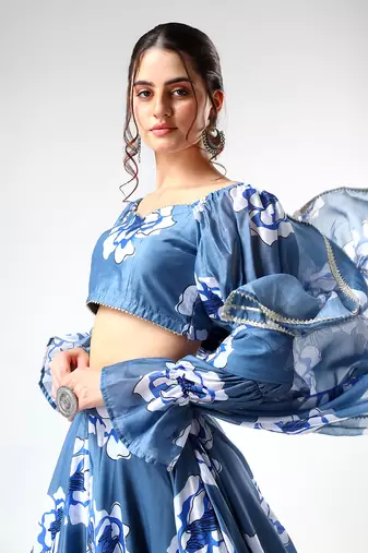 Blue Organza Printed Lehenga Set