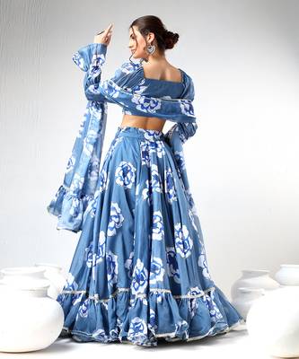 Blue Organza Printed Lehenga Set 5
