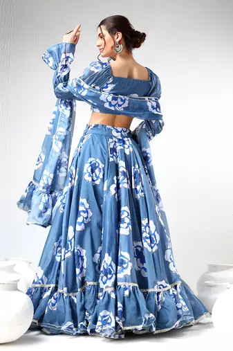 Blue Organza Printed Lehenga Set