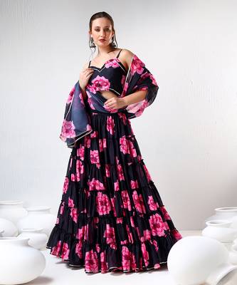 Black Carnation Organza Tiered Lehenga Set 2