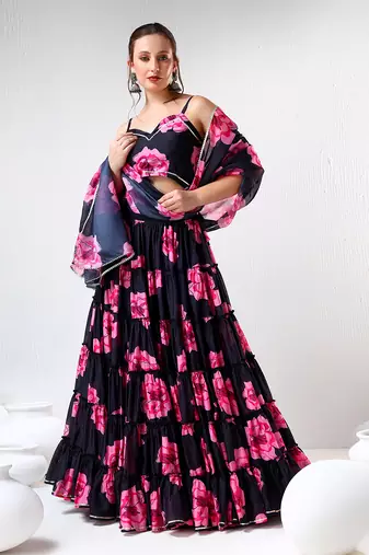 Black Carnation Organza Tiered Lehenga Set