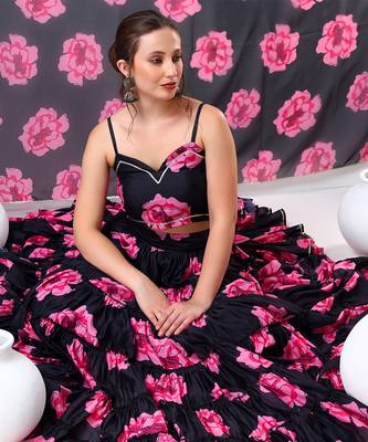 Black Carnation Organza Tiered Lehenga Set 3
