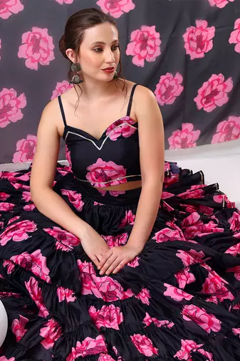 Black Carnation Organza Tiered Lehenga Set