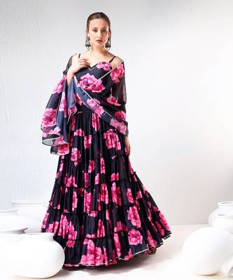 Black Carnation Organza Tiered Lehenga Set 4