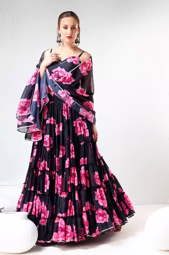 Black Carnation Organza Tiered Lehenga Set