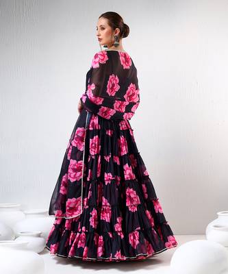 Black Carnation Organza Tiered Lehenga Set 5