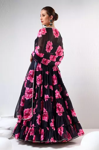 Black Carnation Organza Tiered Lehenga Set