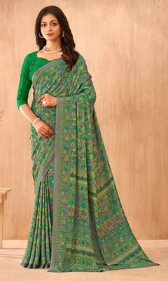 Women'S And Girls Crepe Silk Floral Printed Saree With Unstitched Blouse Piece 1