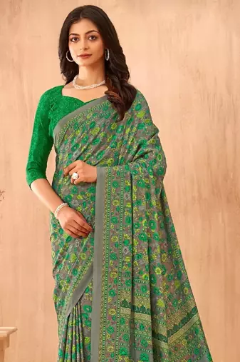 Women'S And Girls Crepe Silk Floral Printed Saree With Unstitched Blouse Piece