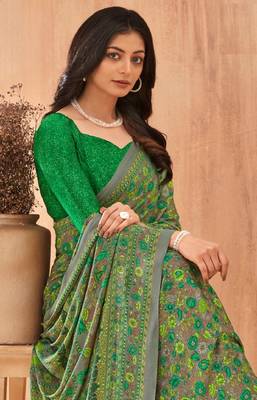 Women'S And Girls Crepe Silk Floral Printed Saree With Unstitched Blouse Piece 4