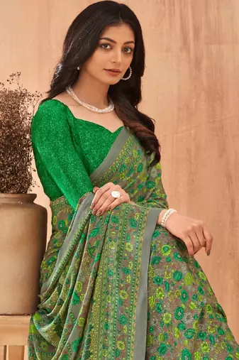 Women'S And Girls Crepe Silk Floral Printed Saree With Unstitched Blouse Piece
