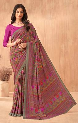 Women'S And Girls Crepe Silk Floral Printed Saree With Unstitched Blouse Piece 1