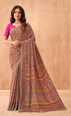 Women'S And Girls Crepe Silk Floral Printed Saree With Unstitched Blouse Piece 1