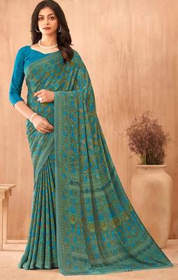 Women'S And Girls Crepe Silk Floral Printed Saree With Unstitched Blouse Piece 1