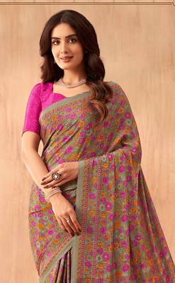 Women'S And Girls Crepe Silk Floral Printed Saree With Unstitched Blouse Piece 2
