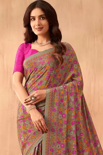 Women'S And Girls Crepe Silk Floral Printed Saree With Unstitched Blouse Piece