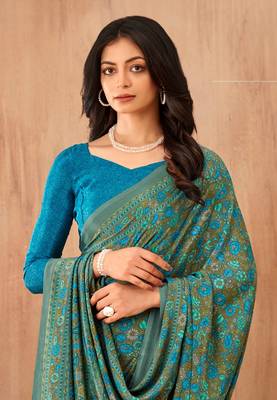 Women'S And Girls Crepe Silk Floral Printed Saree With Unstitched Blouse Piece 2