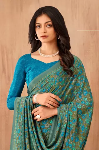 Women'S And Girls Crepe Silk Floral Printed Saree With Unstitched Blouse Piece