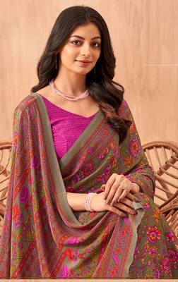 Women'S And Girls Crepe Silk Floral Printed Saree With Unstitched Blouse Piece 2