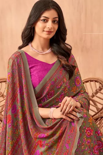 Women'S And Girls Crepe Silk Floral Printed Saree With Unstitched Blouse Piece