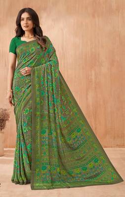Women'S And Girls Crepe Silk Floral Printed Saree With Unstitched Blouse Piece 1