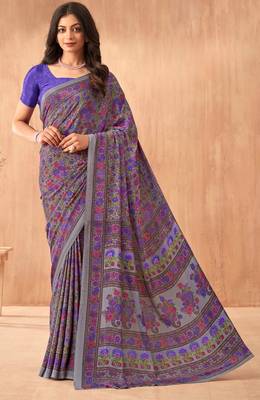 Women'S And Girls Crepe Silk Floral Printed Saree With Unstitched Blouse Piece 1