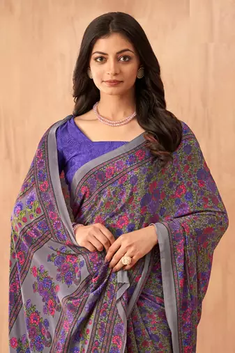 Women'S And Girls Crepe Silk Floral Printed Saree With Unstitched Blouse Piece