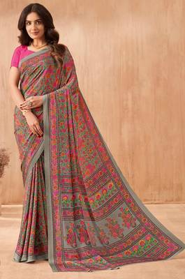Women'S And Girls Crepe Silk Floral Printed Saree With Unstitched Blouse Piece 1
