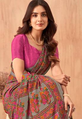 Women'S And Girls Crepe Silk Floral Printed Saree With Unstitched Blouse Piece 2