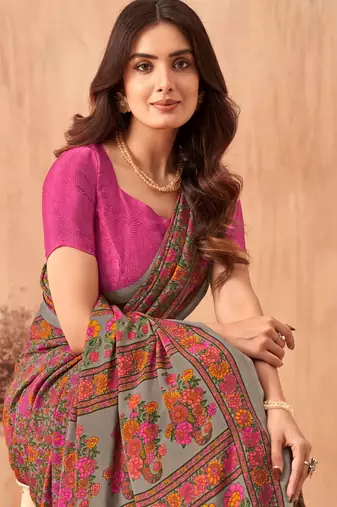 Women'S And Girls Crepe Silk Floral Printed Saree With Unstitched Blouse Piece