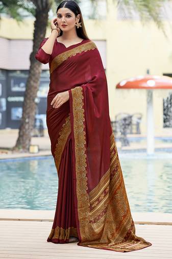 Women'S And Girls Crepe Silk Floral Printed Saree With Unstitched Blouse Piece