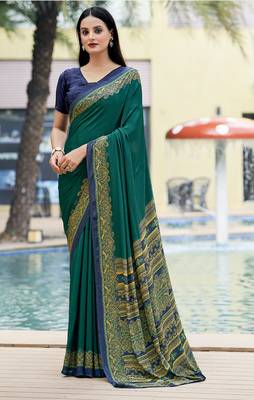Women'S And Girls Crepe Silk Floral Printed Saree With Unstitched Blouse Piece 1