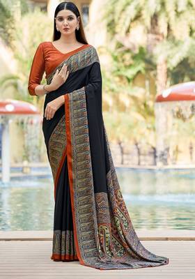 Women'S And Girls Crepe Silk Floral Printed Saree With Unstitched Blouse Piece 1