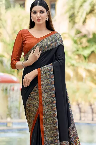 Women'S And Girls Crepe Silk Floral Printed Saree With Unstitched Blouse Piece