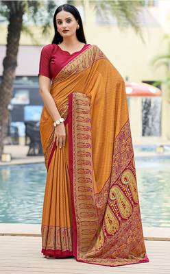 Women'S And Girls Crepe Silk Floral Printed Saree With Unstitched Blouse Piece 1
