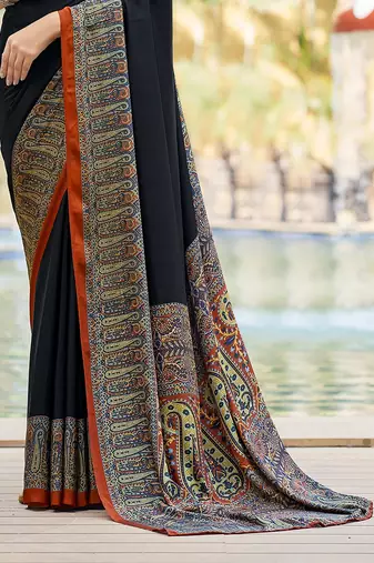 Women'S And Girls Crepe Silk Floral Printed Saree With Unstitched Blouse Piece