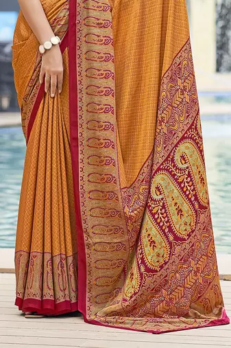 Women'S And Girls Crepe Silk Floral Printed Saree With Unstitched Blouse Piece