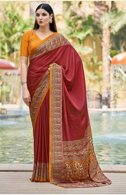 Women'S And Girls Crepe Silk Floral Printed Saree With Unstitched Blouse Piece 1