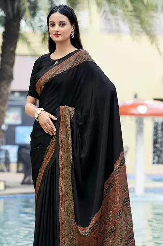 Black crepe silk saree for women
