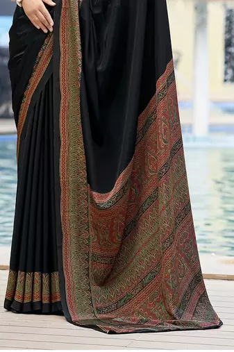 Black crepe silk saree for women