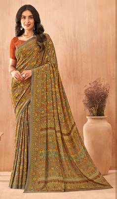 Women'S And Girls Crepe Silk Floral Printed Saree With Unstitched Blouse Piece 1