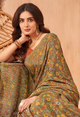 Women'S And Girls Crepe Silk Floral Printed Saree With Unstitched Blouse Piece 2