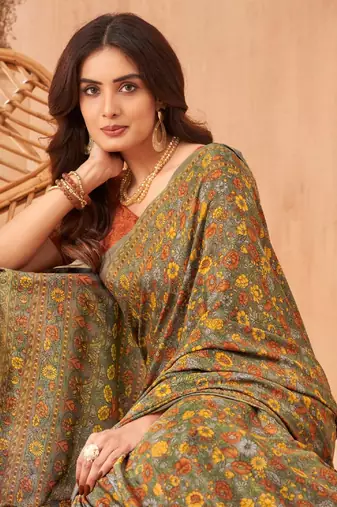 Women'S And Girls Crepe Silk Floral Printed Saree With Unstitched Blouse Piece