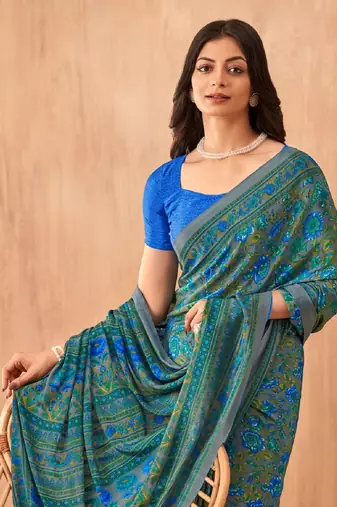 Women'S And Girls Crepe Silk Floral Printed Saree With Unstitched Blouse Piece