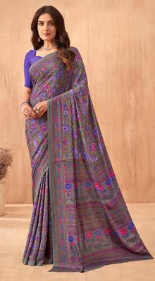 Women'S And Girls Crepe Silk Floral Printed Saree With Unstitched Blouse Piece 1