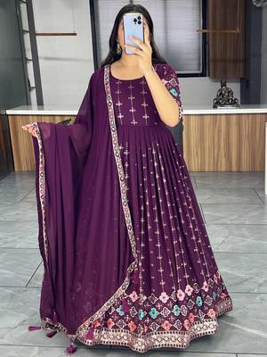 Heavy Embroidery Gorgette Gown and dupatta in wine color 1
