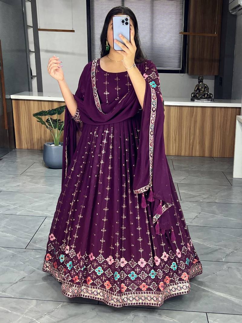Heavy Embroidery Gorgette Gown and dupatta in wine color