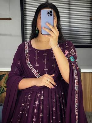 Heavy Embroidery Gorgette Gown and dupatta in wine color 3