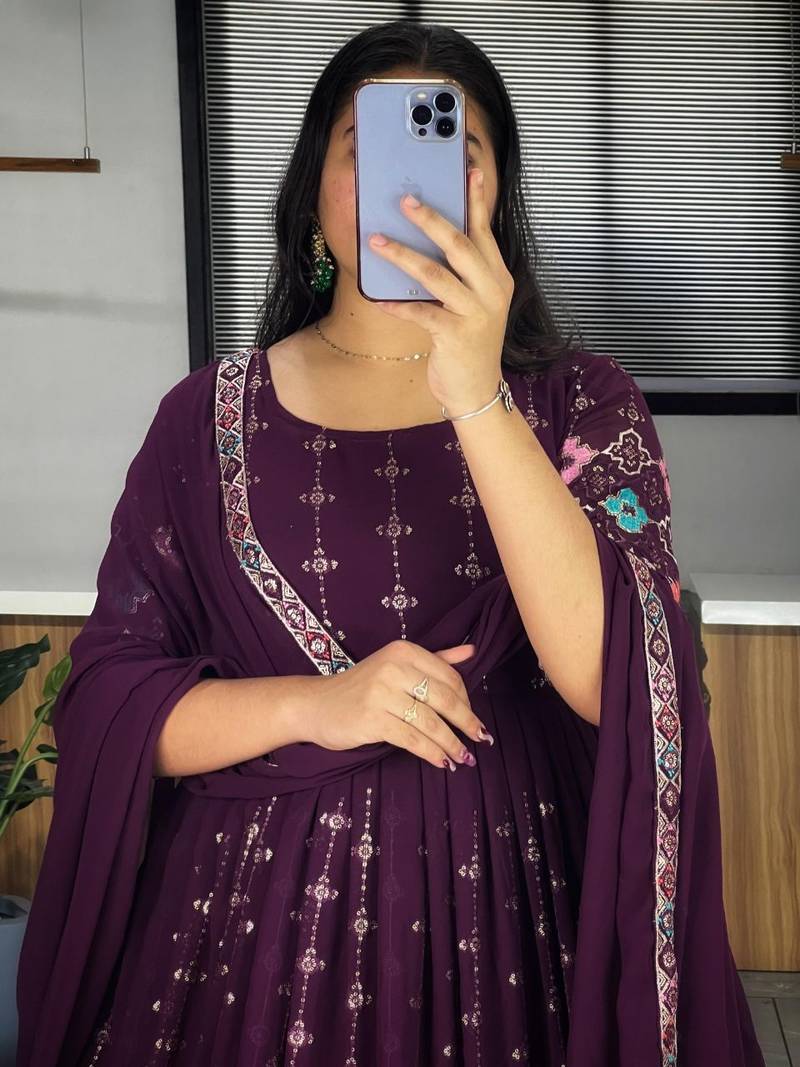 Heavy Embroidery Gorgette Gown and dupatta in wine color