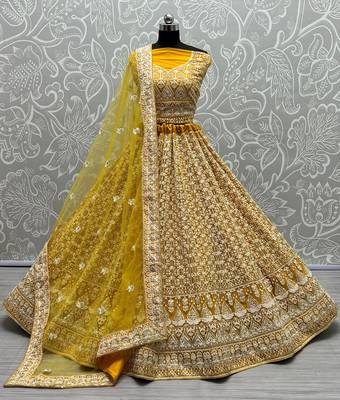 Yellow Bridal Net Sequence and patterned thread embroidery Designer Semi Stitched Lehenga choli 1